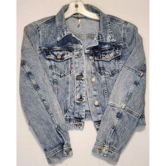 Free People Rumors Acid Washed Indigo Denim Jean Trucker Jacket Medium - Picture 15 of 15